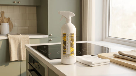 Sampson Eco All Purpose Spray bottle on a kitchen counter beside a glass cooktop