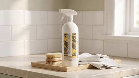 Sampson Eco All Purpose Spray bottle on a wooden tray with a soft brush and cloth in front of white tile
