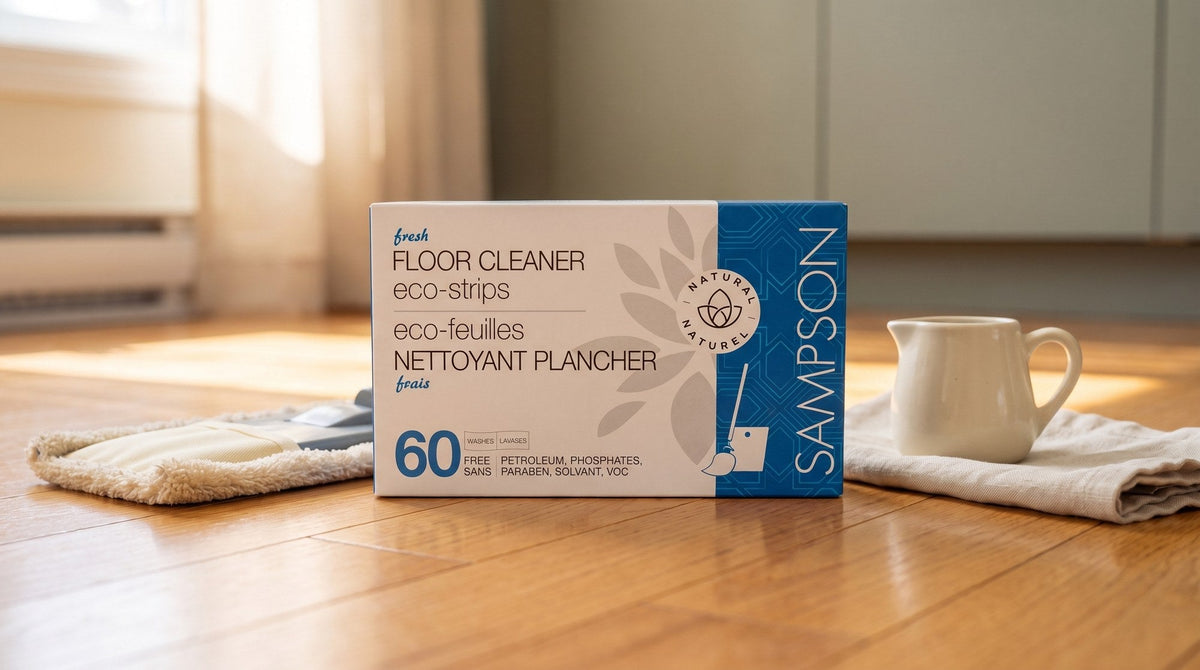 A Sampson Eco-Strips floor cleaner box on a honey-oak hardwood floor beside a flat microfiber mop head, a cream ceramic pitcher and a folded linen cloth in soft window light