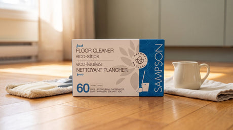 A Sampson Eco-Strips floor cleaner box on a honey-oak hardwood floor beside a flat microfiber mop head, a cream ceramic pitcher and a folded linen cloth in soft window light