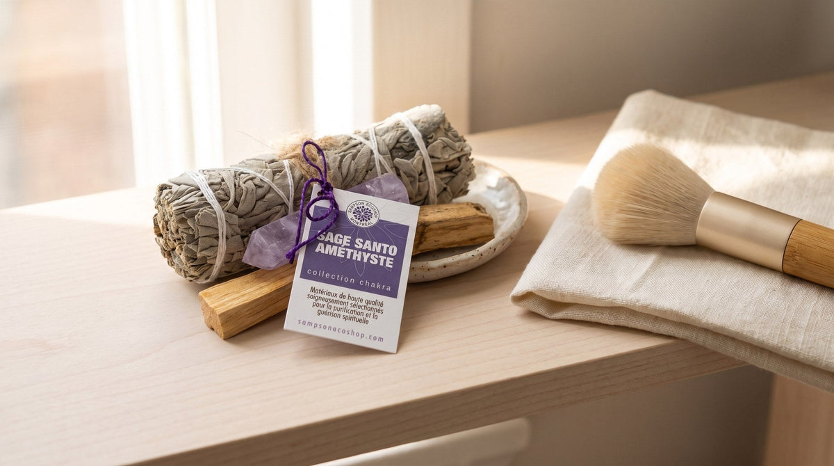 The Sampson sage, palo santo and amethyst crystal kit on a pale wood shelf beside a speckled ceramic dish, a folded linen cloth and a soft brush in window light