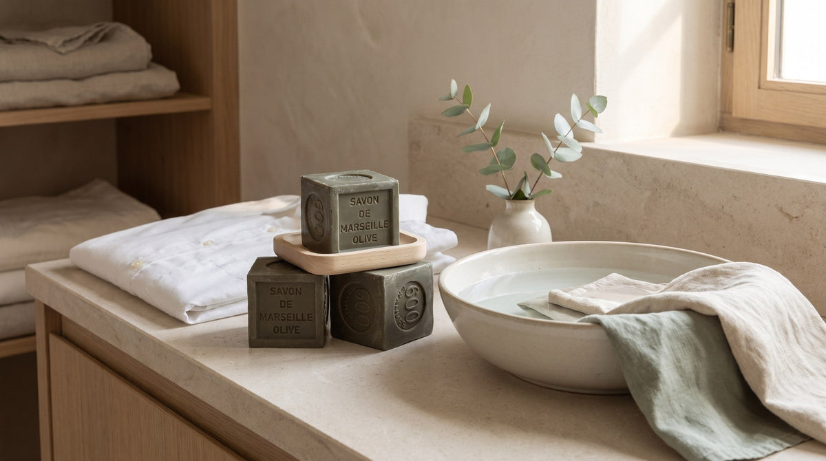 Traditional olive oil Marseille soap cubes on a wooden dish beside a folded white shirt, a ceramic basin of water and a linen cloth on a stone counter