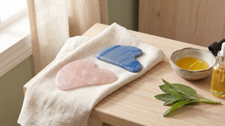 A rose quartz gua sha stone and a blue aventurine gua sha stone on a folded linen towel on pale wood beside a small dish of facial oil and a sprig of green leaves in soft window light