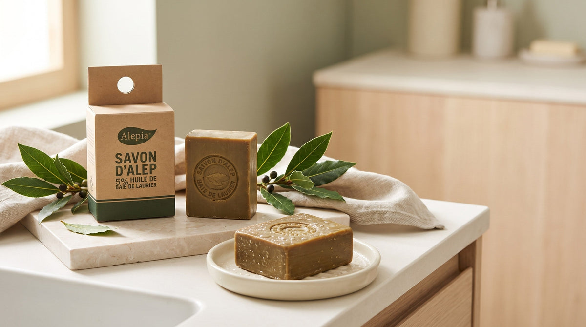 Sampson Traditional Aleppo Soap bars and box on a stone counter beside fresh bay laurel sprigs and berries