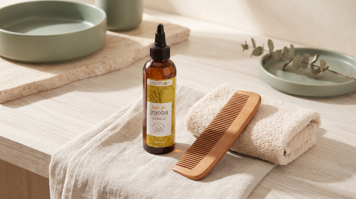 Pure Jojoba Oil bottle beside a wooden beard comb - Sampson Eco Shop