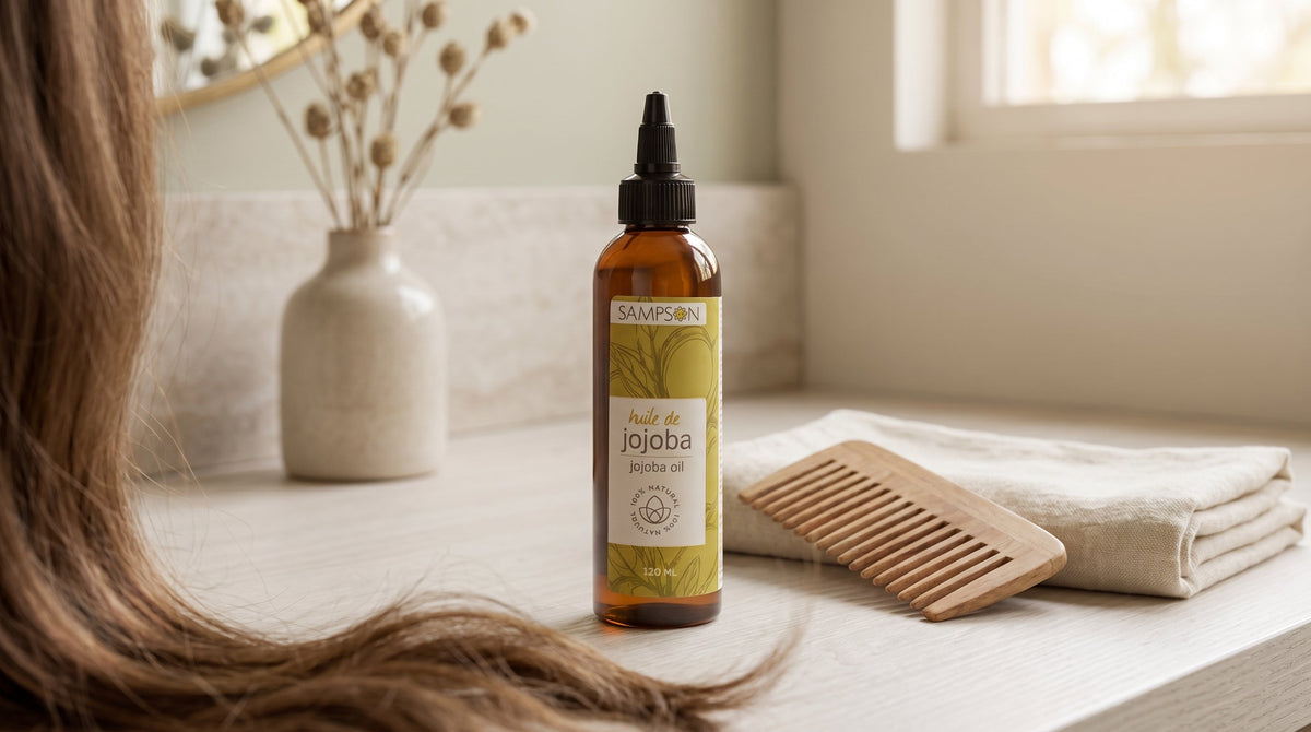 Pure Jojoba Oil bottle with a wooden comb and linen towel on a bathroom counter