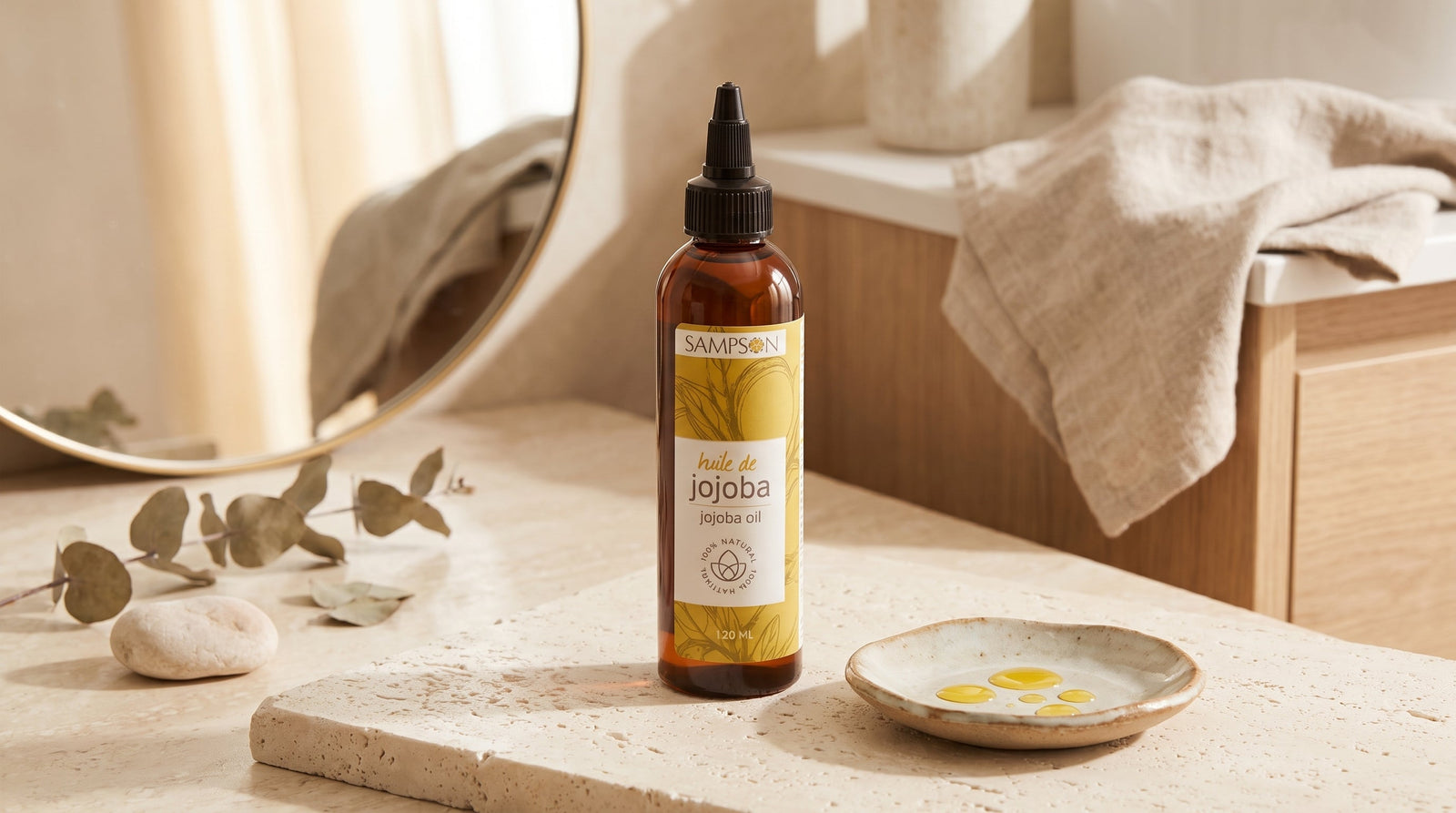 Pure Jojoba Oil bottle for oily skin routine, Sampson Eco Shop