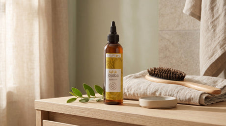 Sampson Pure Jojoba Oil in an amber bottle with a black applicator cap on a pale oak shelf beside a folded linen towel, a wooden hairbrush and a sprig of green leaves in soft window light