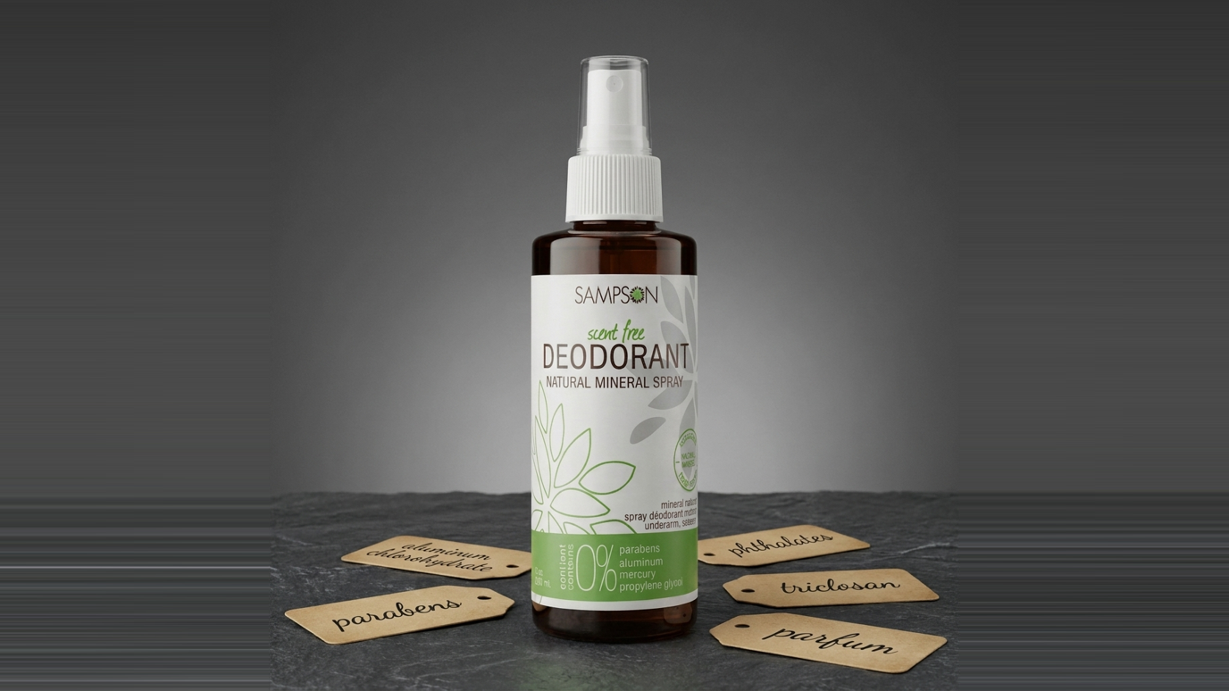 Sampson scent-free Natural Deodorant Spray on slate with kraft tags reading aluminum chlorohydrate, parabens, phthalates, triclosan, parfum