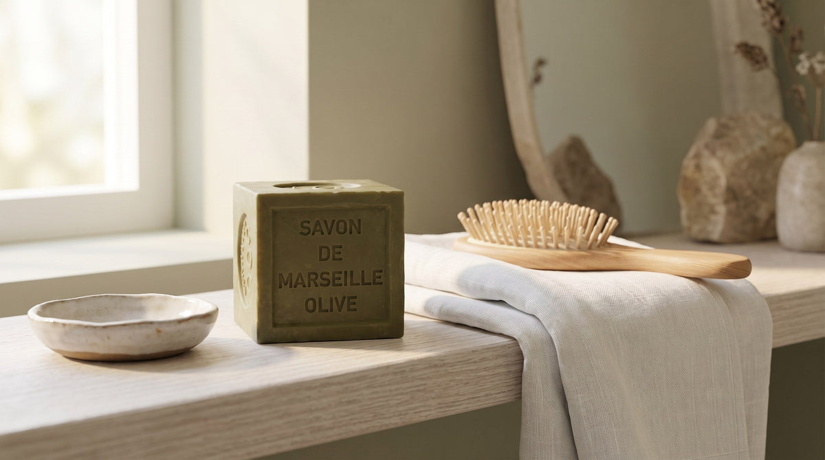 Traditional olive oil Marseille soap cube on a pale wooden bathroom shelf beside a folded linen towel, a wooden hairbrush and a small ceramic dish