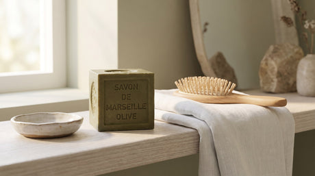 Traditional olive oil Marseille soap cube on a pale wooden bathroom shelf beside a folded linen towel, a wooden hairbrush and a small ceramic dish