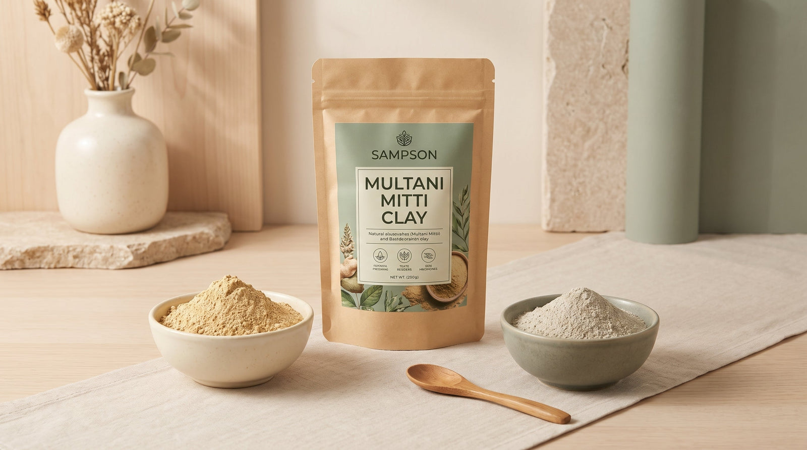 Multani Mitti Clay and bentonite clay side by side in ceramic bowls