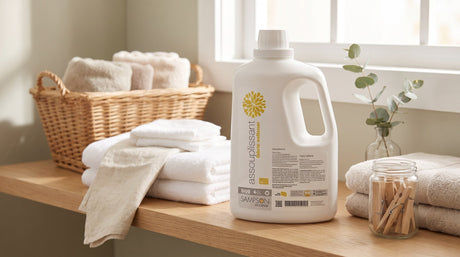 Sampson Eco Fabric Softener jug on a wooden laundry shelf beside folded white towels, a wicker basket and a jar of clothespins