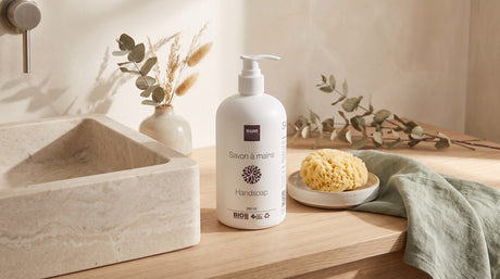 Eco Hand Soap by Sampson on a bathroom counter