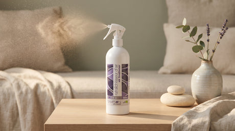 Sampson Eco Air Freshener spray bottle in an eco-luxury living room setting