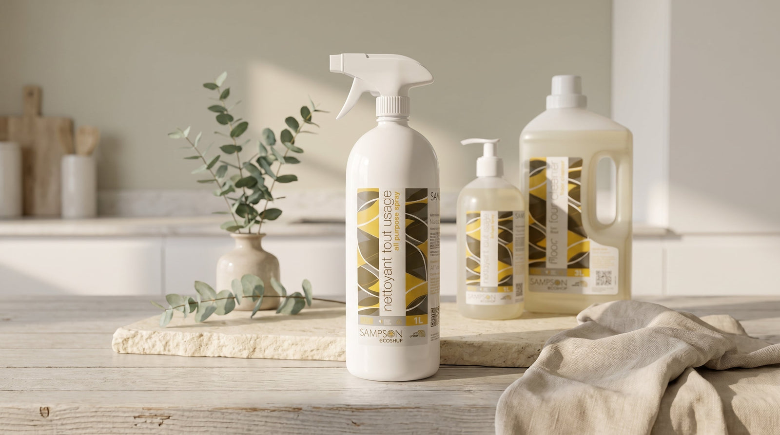 Non-toxic cleaning products in Canada — Sampson Eco Cleaning line on a kitchen counter