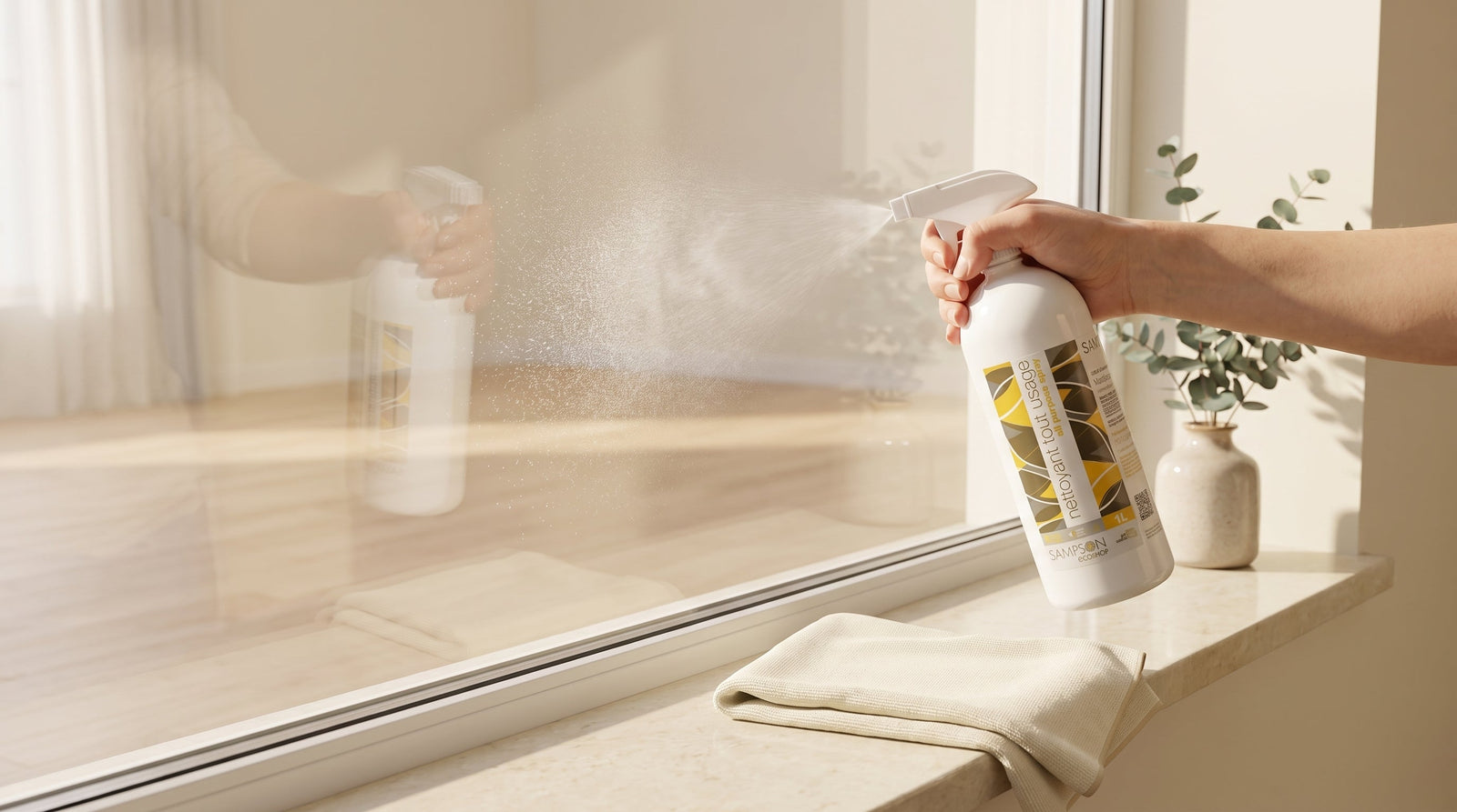Non-toxic glass cleaner — Sampson Eco All Purpose Spray on a clean window