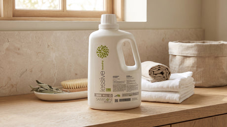 Sampson Eco Laundry Detergent bottle beside folded clean linen in a warm, natural-light laundry setting