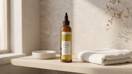 Sampson Pure Jojoba Oil 120 ml amber bottle on a pale wood bathroom shelf beside a folded white linen washcloth and a ceramic dish in soft window light