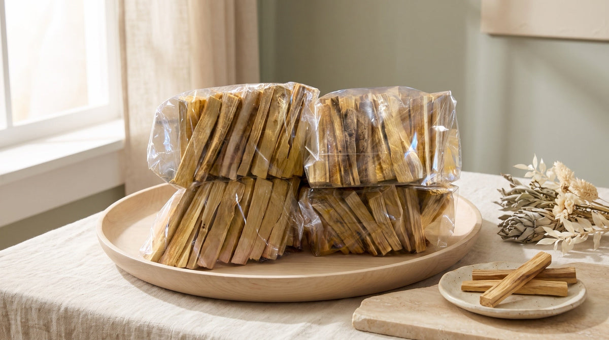 Four clear bags of palo santo holy wood sticks stacked on a pale wood tray beside a small ceramic dish of sticks and a dried sage bundle, in soft window light