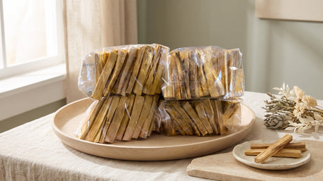 Four clear bags of palo santo holy wood sticks stacked on a pale wood tray beside a small ceramic dish of sticks and a dried sage bundle, in soft window light