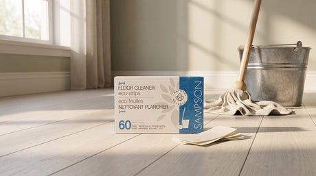 Plant-based floor cleaner and mop bucket in a bright, natural home setting
