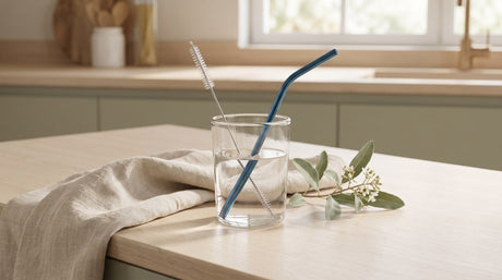 A blue stainless steel straw and its cleaning brush standing in a clear glass of water on a pale wood kitchen counter beside a folded linen cloth and a eucalyptus sprig