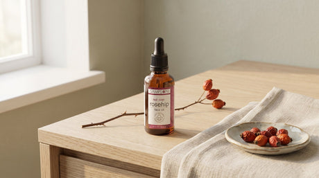 Sampson Rosehip Face Oil in an amber dropper bottle on a pale oak vanity beside a folded linen towel and a dish of dried rosehips in soft window light