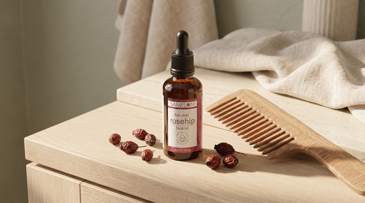 Rosehip Face Oil bottle styled with dried rosehip berries and a wooden comb