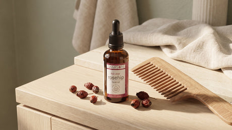 Rosehip Face Oil bottle styled with dried rosehip berries and a wooden comb