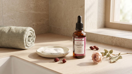 Rosehip Face Oil bottle on a calm bathroom vanity, sensitive-skin patch-test styling