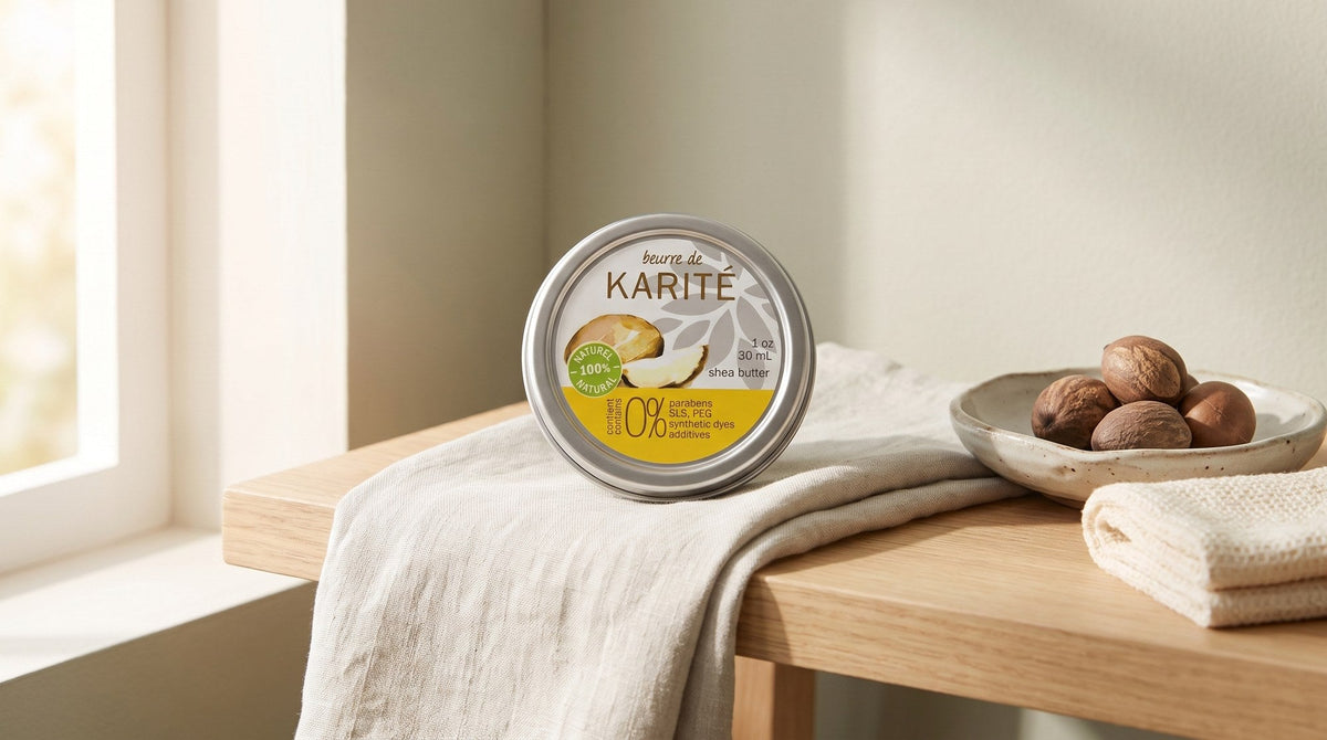 Round silver tin of Sampson shea butter on a pale linen towel on a light wooden shelf beside a ceramic dish of raw shea nuts and a folded cream washcloth in soft window light