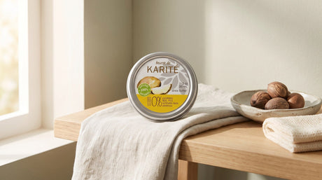 Round silver tin of Sampson shea butter on a pale linen towel on a light wooden shelf beside a ceramic dish of raw shea nuts and a folded cream washcloth in soft window light