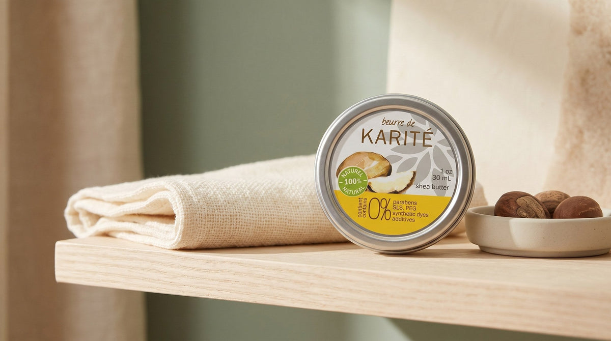 Round silver tin of Sampson shea butter with its yellow and white lid label facing forward on a pale wooden shelf beside a folded cream washcloth and a ceramic dish of raw shea nuts in soft window light