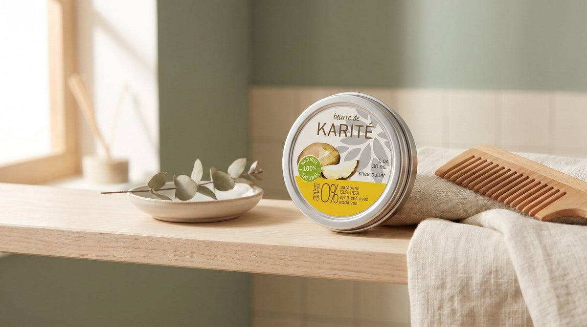 Round silver tin of Sampson shea butter on a pale wooden bathroom shelf beside a folded linen towel, a wooden comb and a small ceramic dish in soft window light