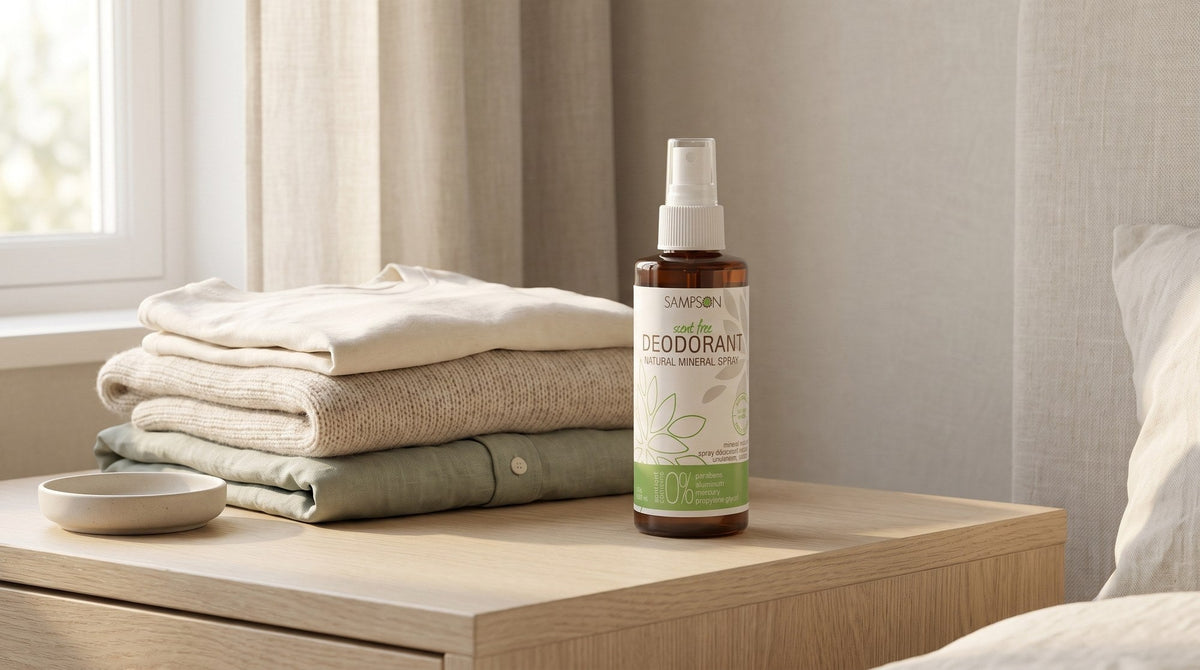 Sampson Natural Deodorant Spray, Scent Free, on a pale oak dresser beside folded cotton, wool and linen clothing in soft morning window light