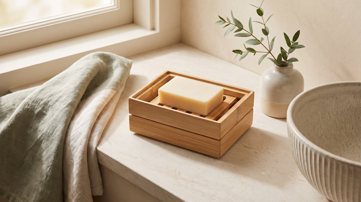 Bamboo box soap tray with a slotted insert holding a cream bar of soap on a pale stone bathroom ledge beside a ceramic basin, a folded linen towel and a small green sprig in a vase in soft window light