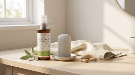 Sampson Natural Deodorant Spray next to an alum deodorant stick