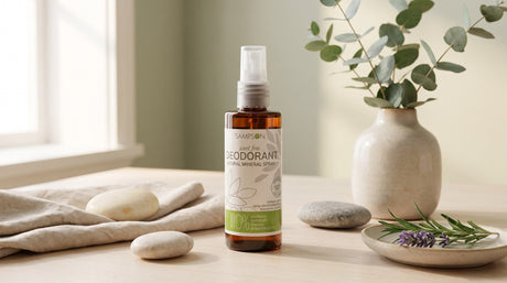 Sampson Natural Deodorant Spray, Scent Free, on a linen cloth with rosemary and lavender — vegan deodorant ingredient check