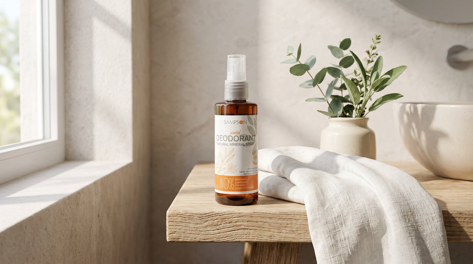 Sampson Natural Deodorant Spray on a linen bathroom shelf