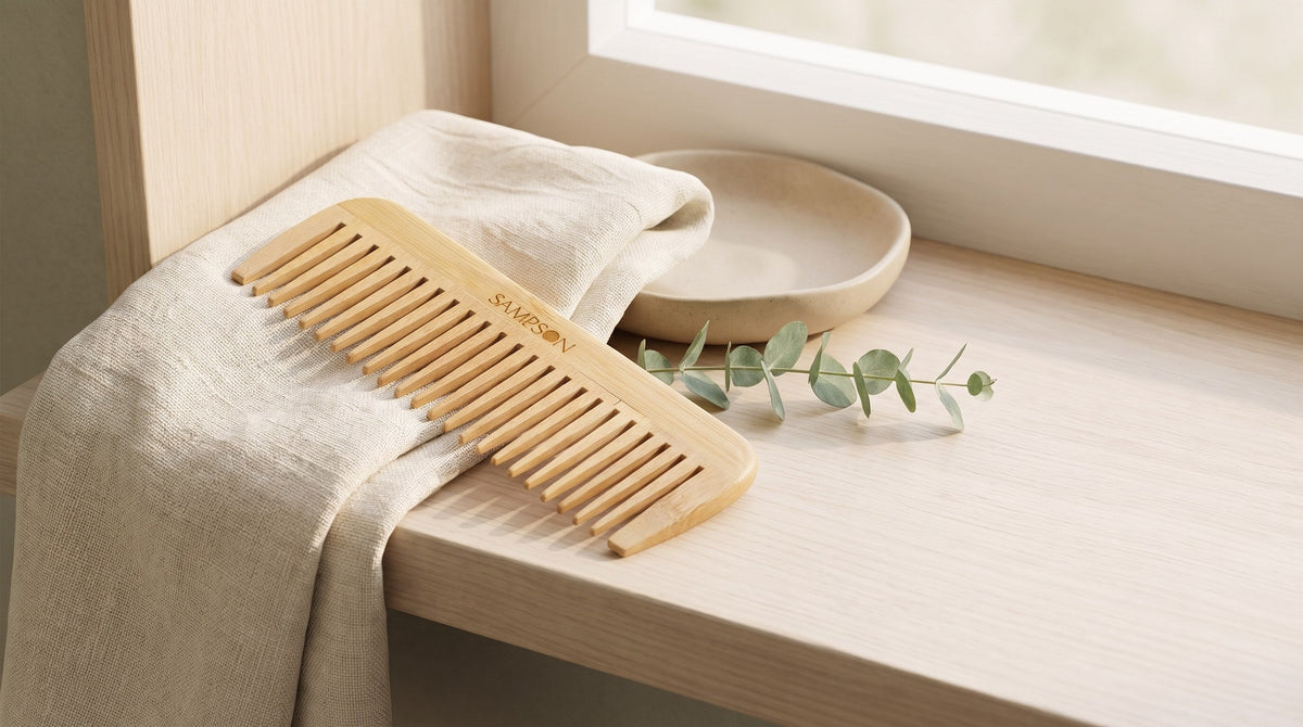 Sampson bamboo wide-tooth comb with the SAMPSON wordmark on its spine, resting on a folded linen towel on a pale wood shelf beside a ceramic dish and a eucalyptus sprig in soft window light