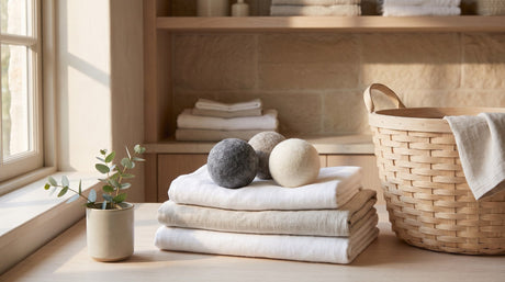 Three natural wool dryer balls in charcoal grey, taupe and cream resting on a stack of folded white and oatmeal linen towels beside a wooden laundry basket in soft window light