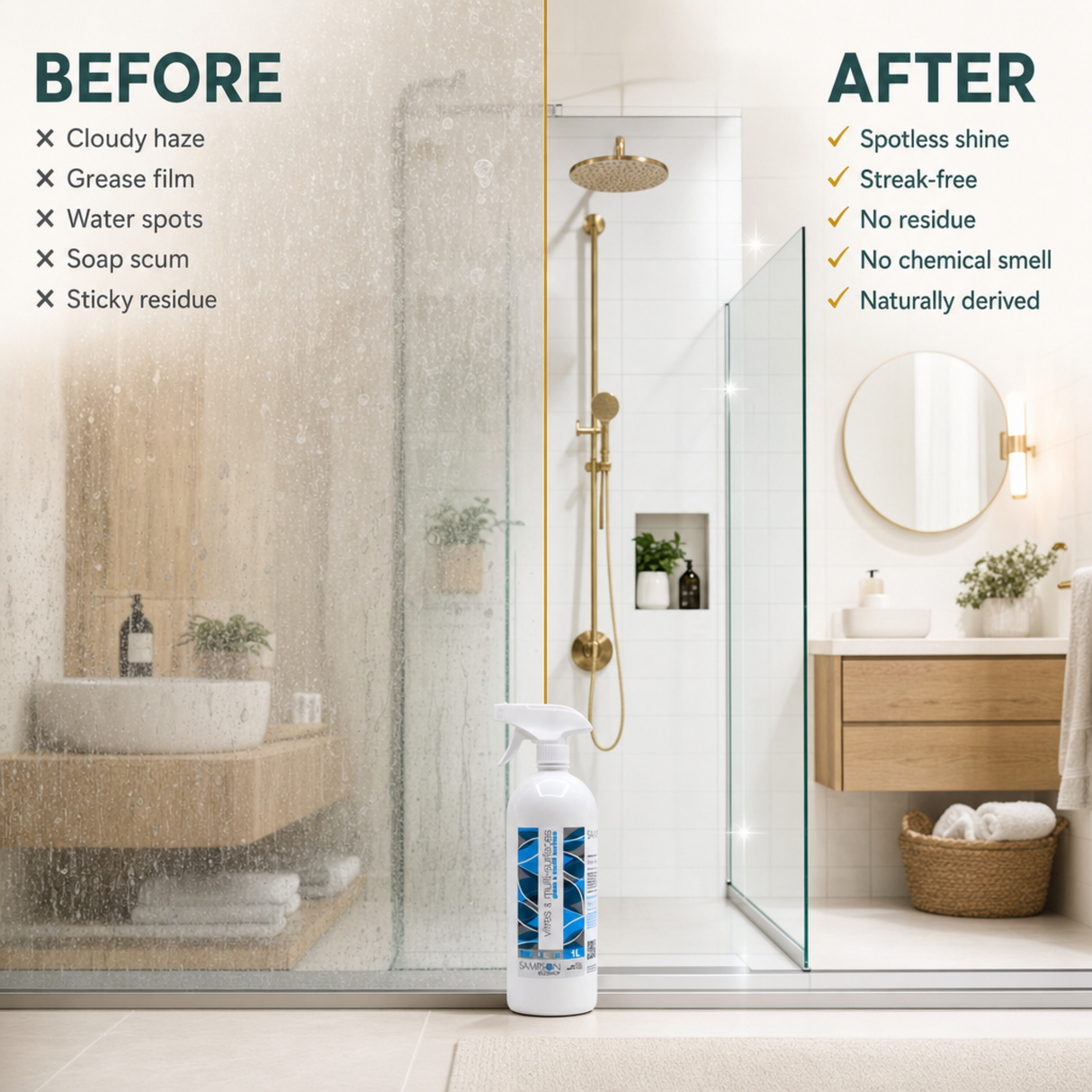 Eco Cleaning Kit — glass before and after: streak-free, no residue, no chemical smell, naturally derived