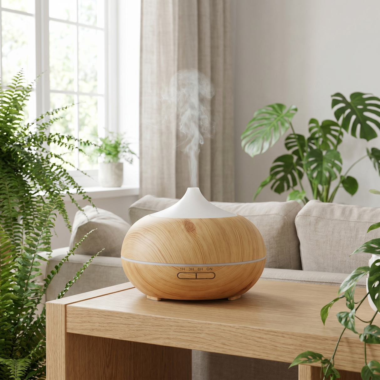 Ultrasonic essential oil diffuser, Naturale, cool mist in a bright living room