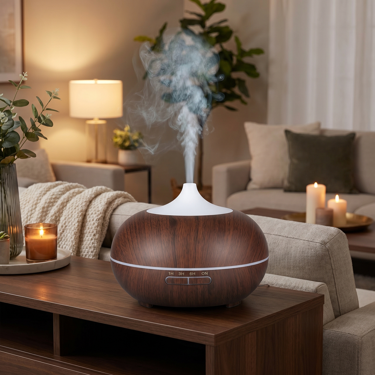 Ultrasonic essential oil diffuser, Scuro, cool mist on a console
